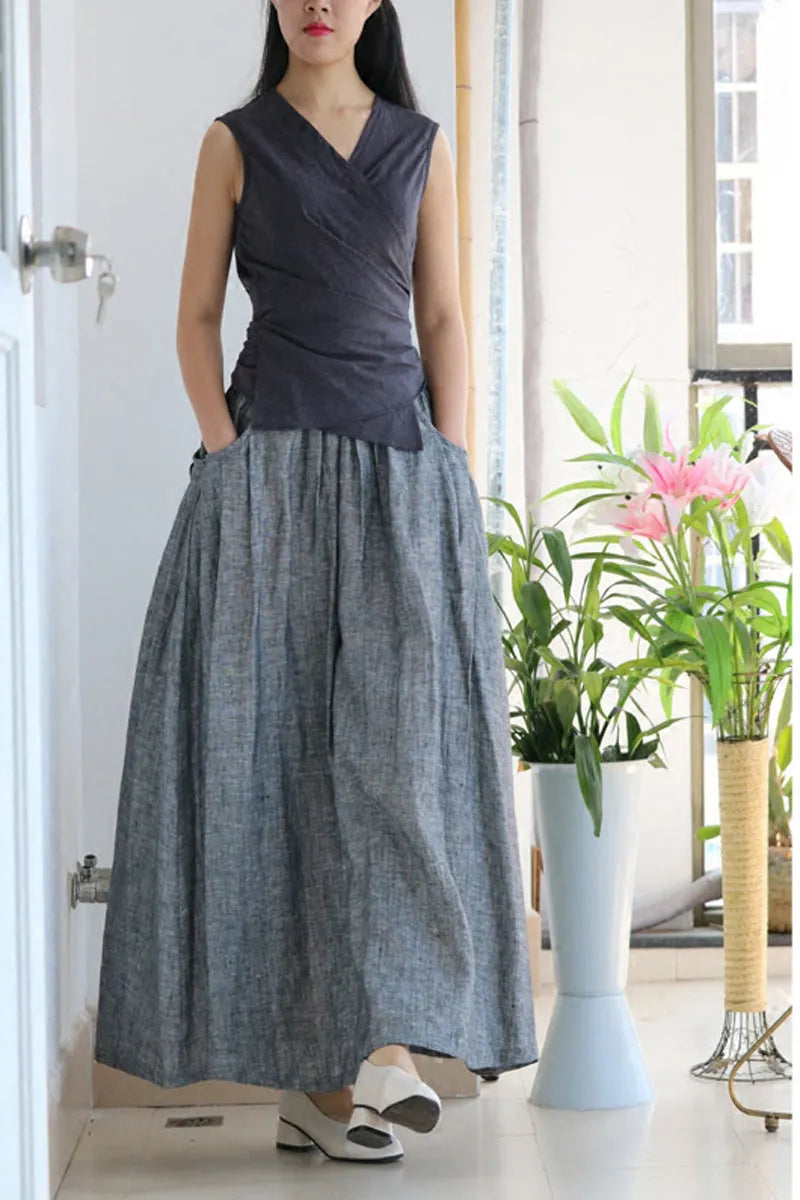 Linen Maxi Skirt - Elastic Waist Side Pockets Plus Size 