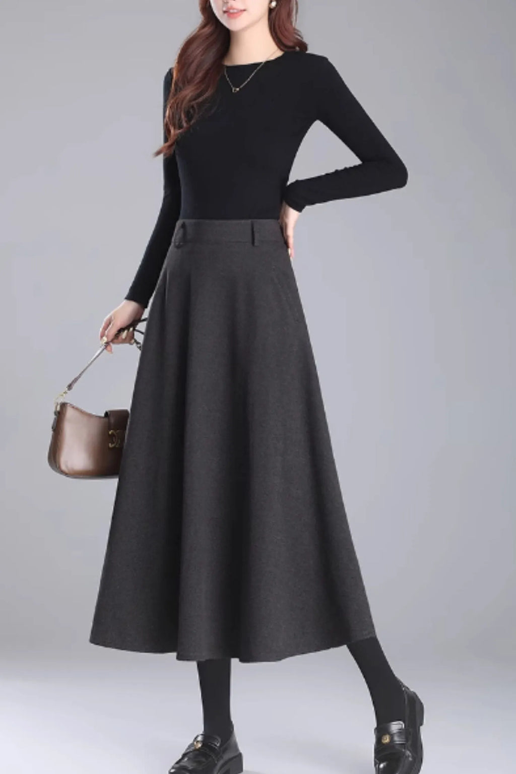 Brown Wool Midi A-Line Skirt with Pockets - Cozy Winter Style 5469