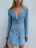 Light Wash Gold Buttons Denim Blazer Mini Dress