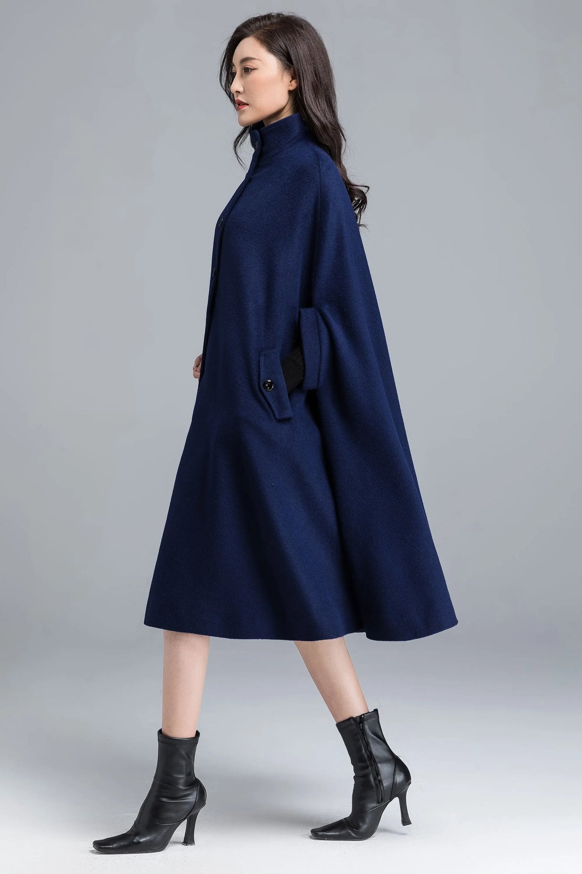 Women's Navy Wool Blend Cape – Button Front Winter Cloak with Structured Collar 2486