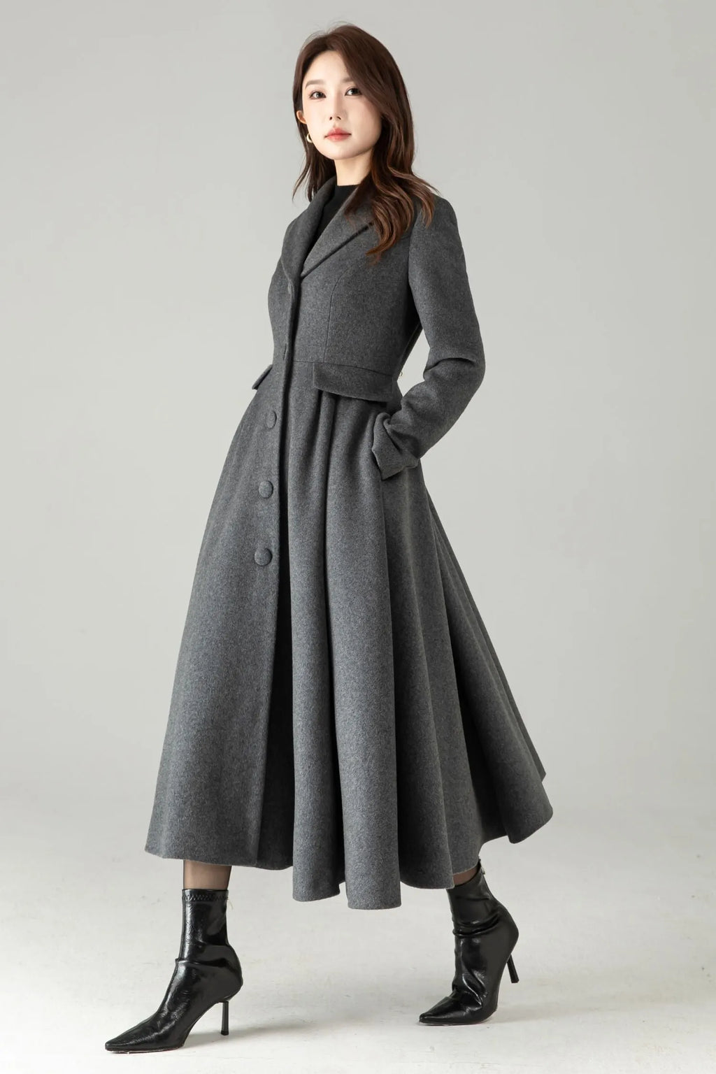 Gray Wool Maxi Coat – Single-Breasted Fit & Flare Long Winter Coat 