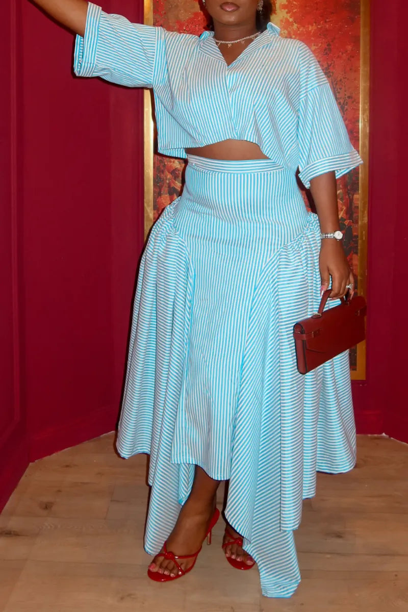 Stripe Cropped Shirt & Asymmetrical Maxi Skirt Two‐Piece Set