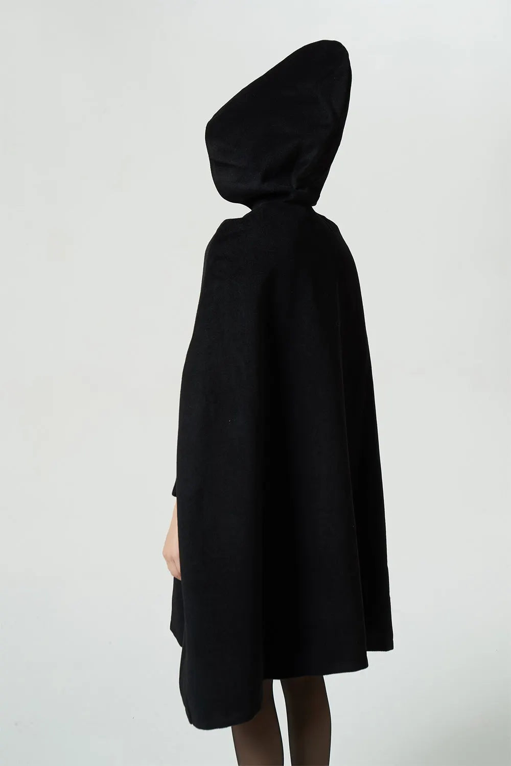 Black Wool Cape Coat - Vintage Hooded Flowing Silhouette 1952