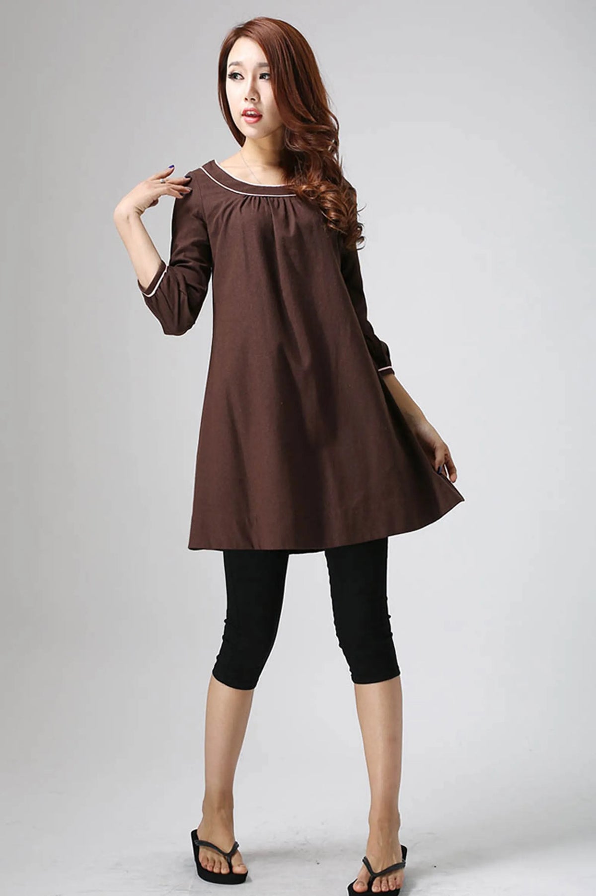 Handmade Brown Linen Tunic Dress – 3/4 Sleeve A-Line Mini Dress 