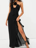 Women 3D Flowers Patchwork Halter Sleeveless Backless High Split Asymmetrical Hem Ruffles Vestidos