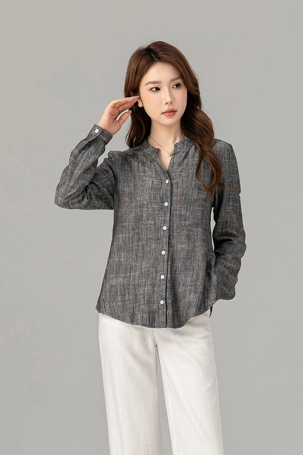 Charcoal Linen Blouse - Button-Down, Long Sleeve, Loose Fit 4915