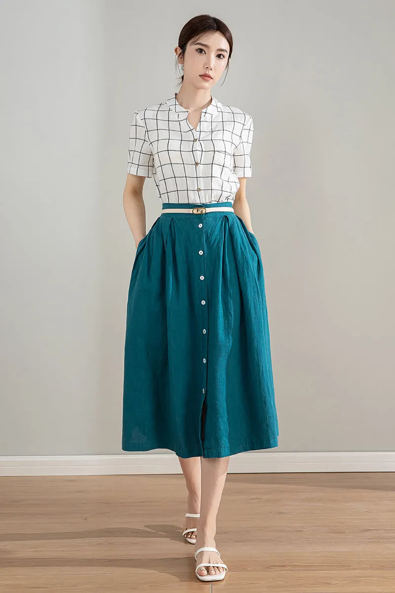 Xiaolizi Vintage-Inspired Linen Cotton Button-Front Midi Skirt - Spring to Autumn 4214