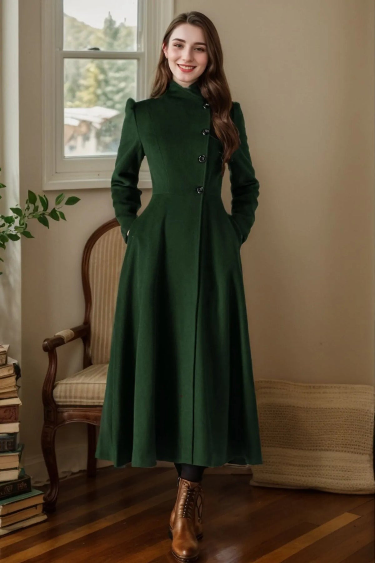 Forest Green Wool Coat - Vintage A-Line Silhouette with Stand Collar 5488