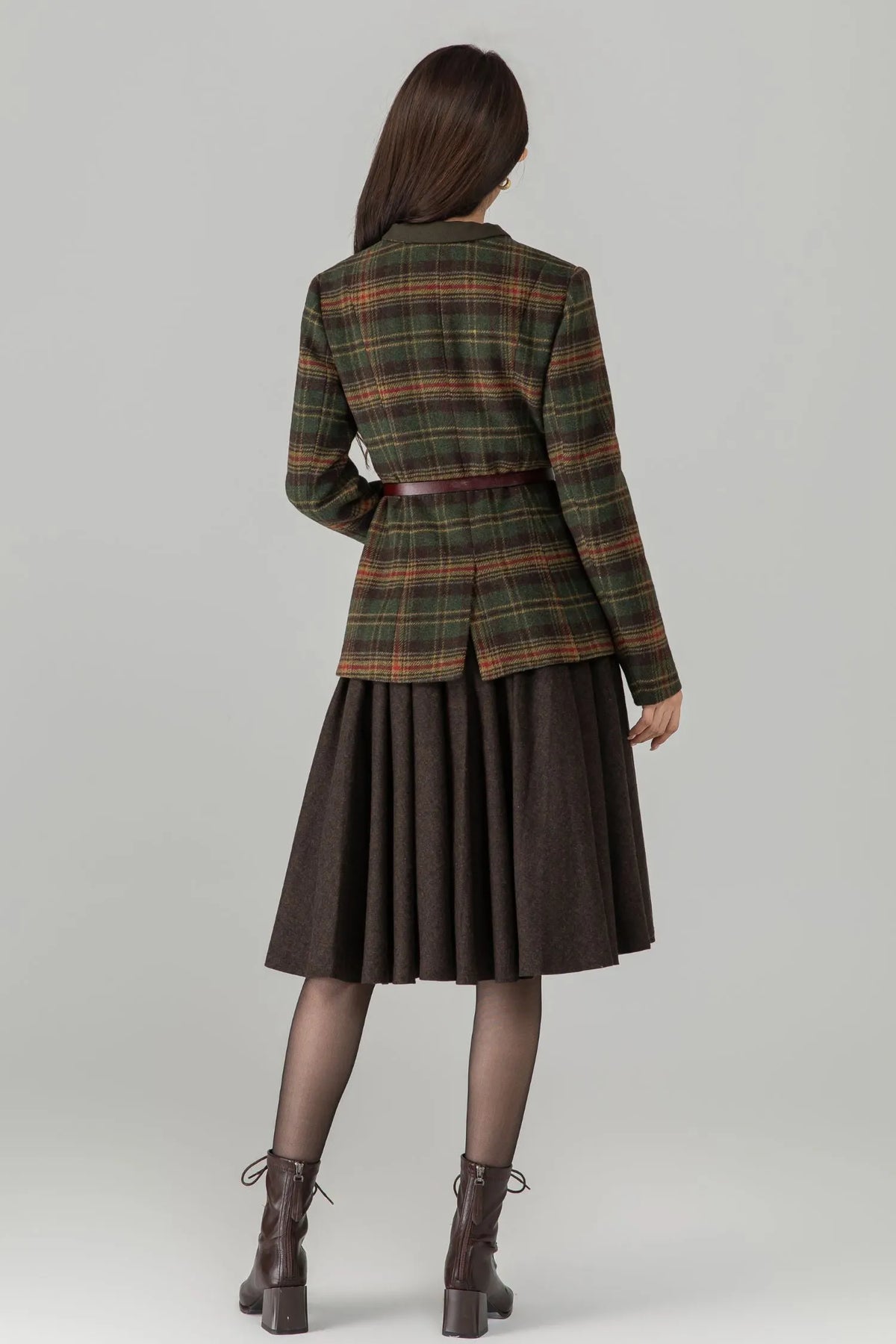 Army Green Wool Blend Plaid Top - Fit and Flare Button Front 6989