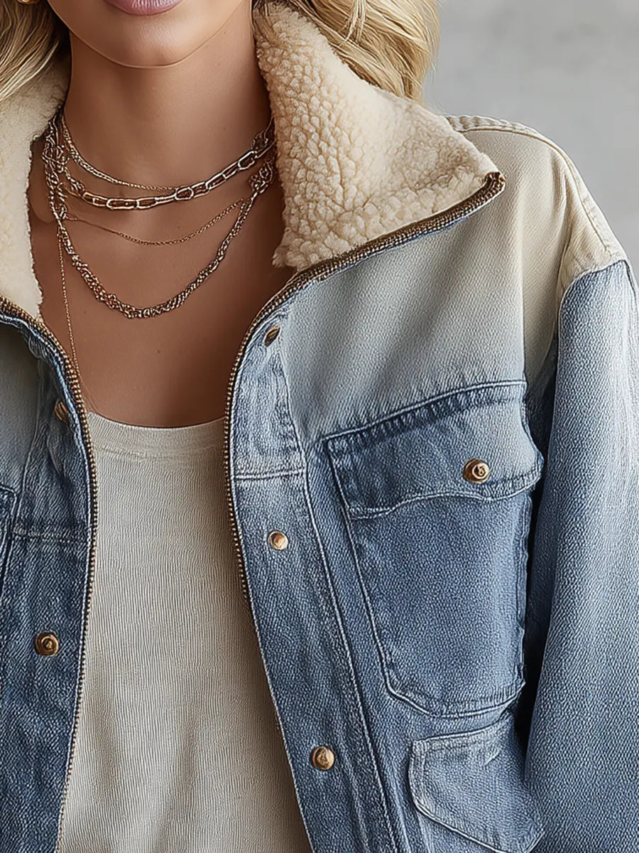 Sherpa Collar Colorblock Denim Jacket