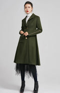 Elegant Green Wool Blend Coat – Tailored Midi Winter Coat with Zipper Details 