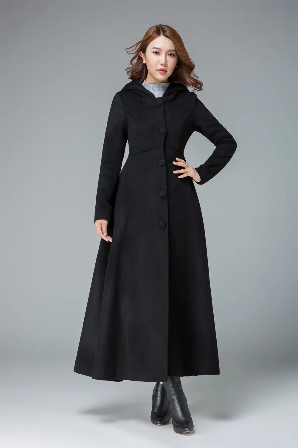 Black Wool Hooded Coat – Vintage A-Line Maxi Overcoat for Women 1839
