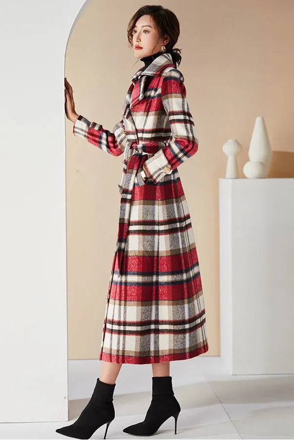 Handmade Plaid Wool Coat – Vintage Red Check Double-Breasted Long Belted Overcoat 