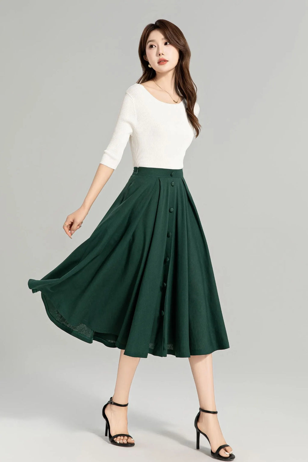 Dark Green Linen-Cotton Midi Skirt - A-Line Silhouette, Button-Down Detail 4963
