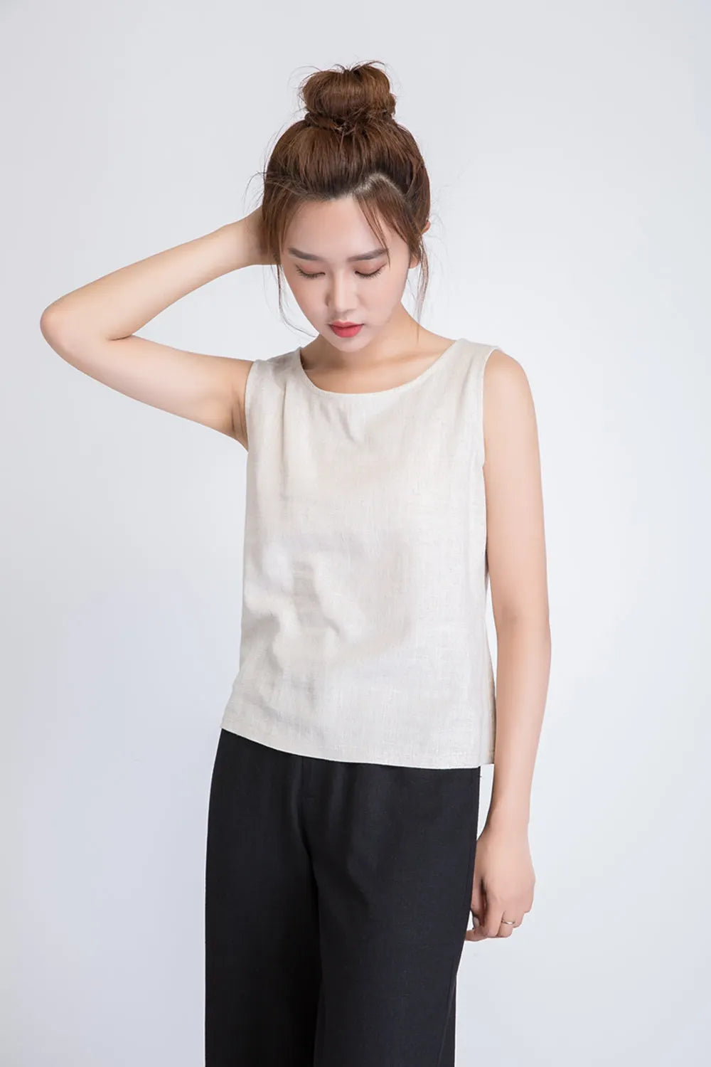 Beige Linen Blend Tank Top - Scoop Neck, Loose Fit 1945
