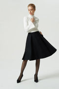 Black Wool Knee-Length Circle Skirt - Pleated A-Line Silhouette 1992