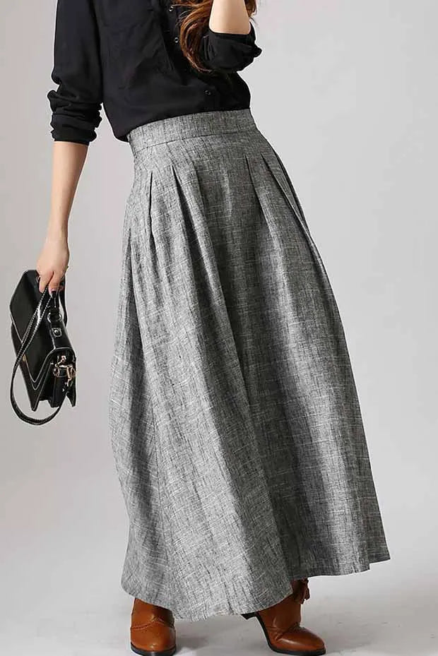 Grey Linen Cotton Maxi Skirt - Pleated A-Line Silhouette 886