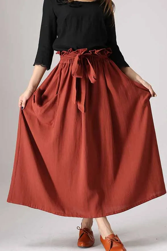 Wine Red Linen Blend Maxi Skirt - Elastic Waist with Ruffle Detail 848