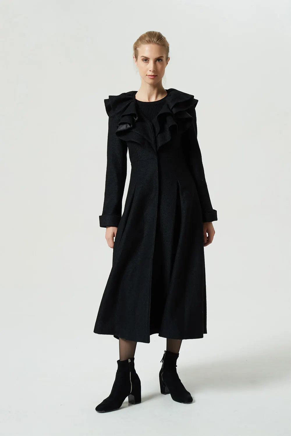 Black Wool Ruffle Coat – Handmade Feminine Fit and Flare Winter Maxi Coat 