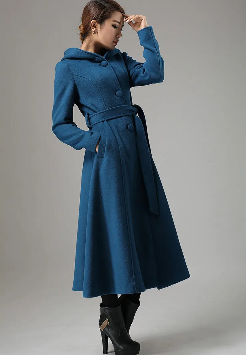 Vintage Teal Blue Wool Coat – Handmade Hooded Belted Winter Overcoat 