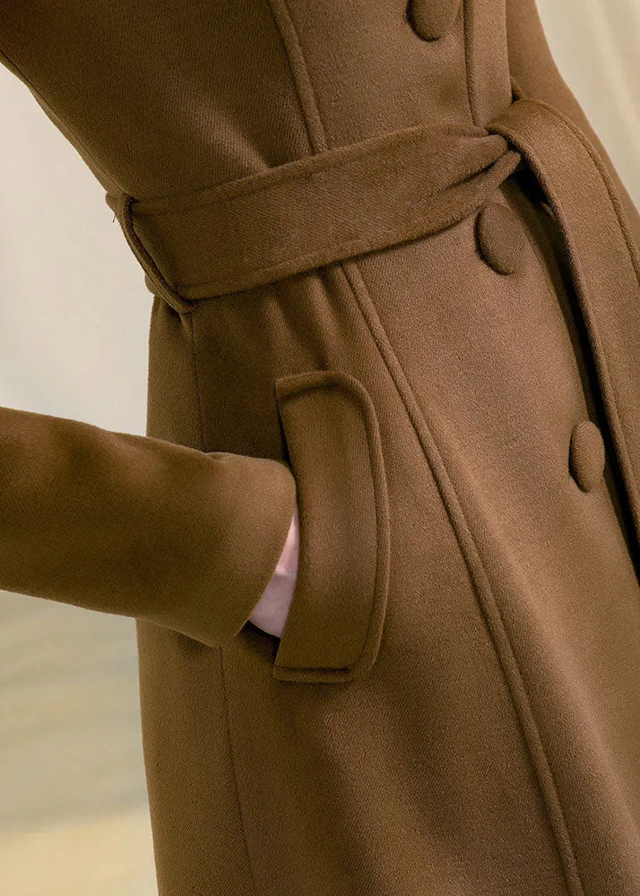Brown Wool Long Coat - Handmade A-Line Silhouette with Belt 2956