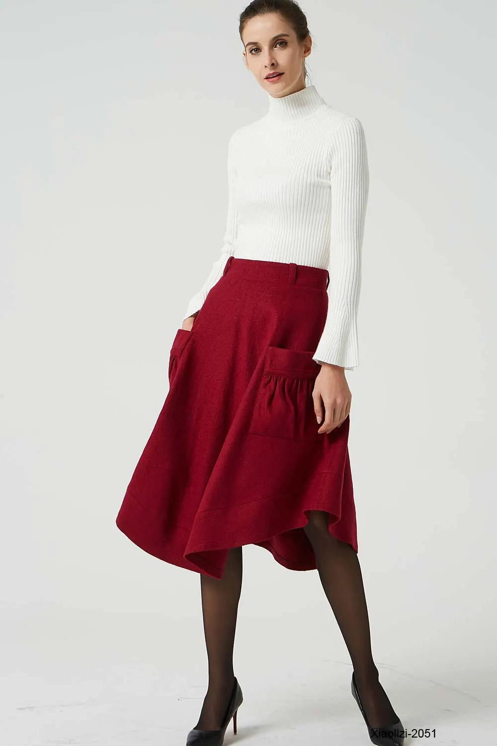 Red Wool Skirt - High Waisted with Asymmetrical Hem and Pockets 2051