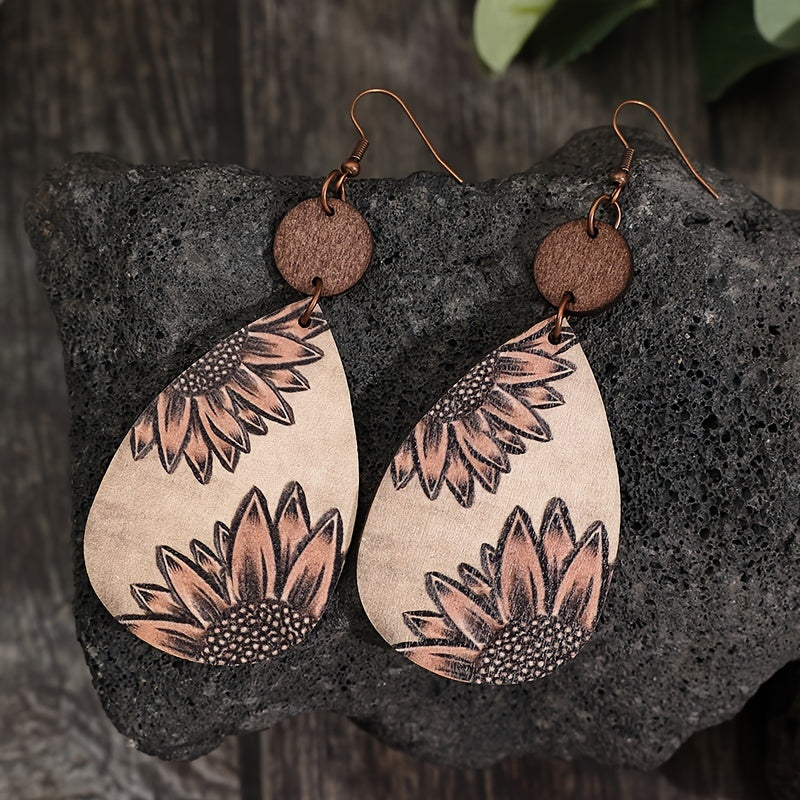 Unique Droplet Shape Wooden Dangle Earrings - Retro Bohemian Style, Sunflower Print, Trendy Female Ear Ornaments with Na