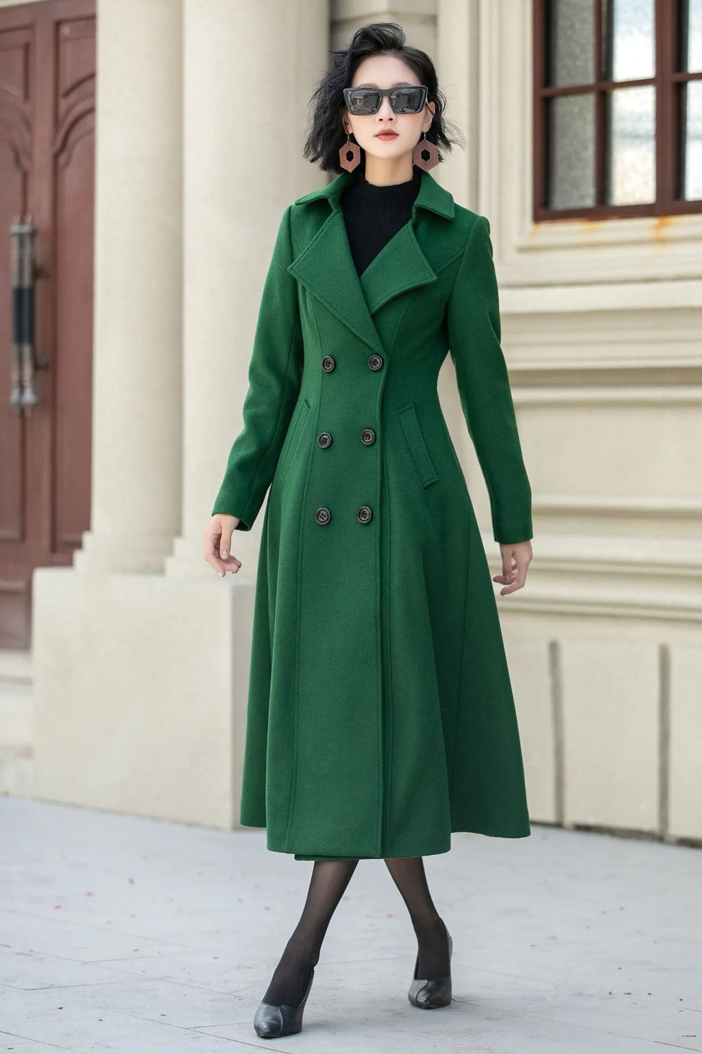 Green Wool Midi Coat - Double Breasted Tailored Fit 5349