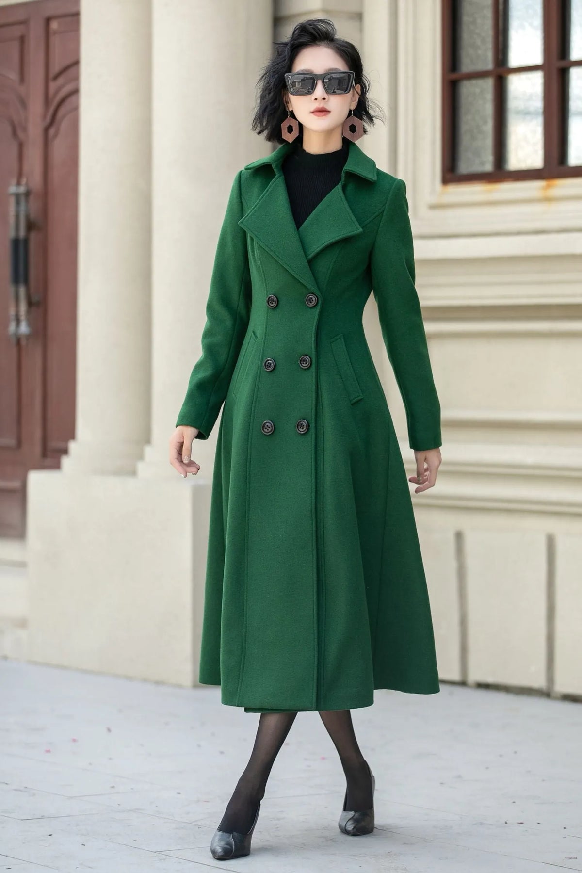 Green Wool Midi Coat - Double Breasted Tailored Fit 5349