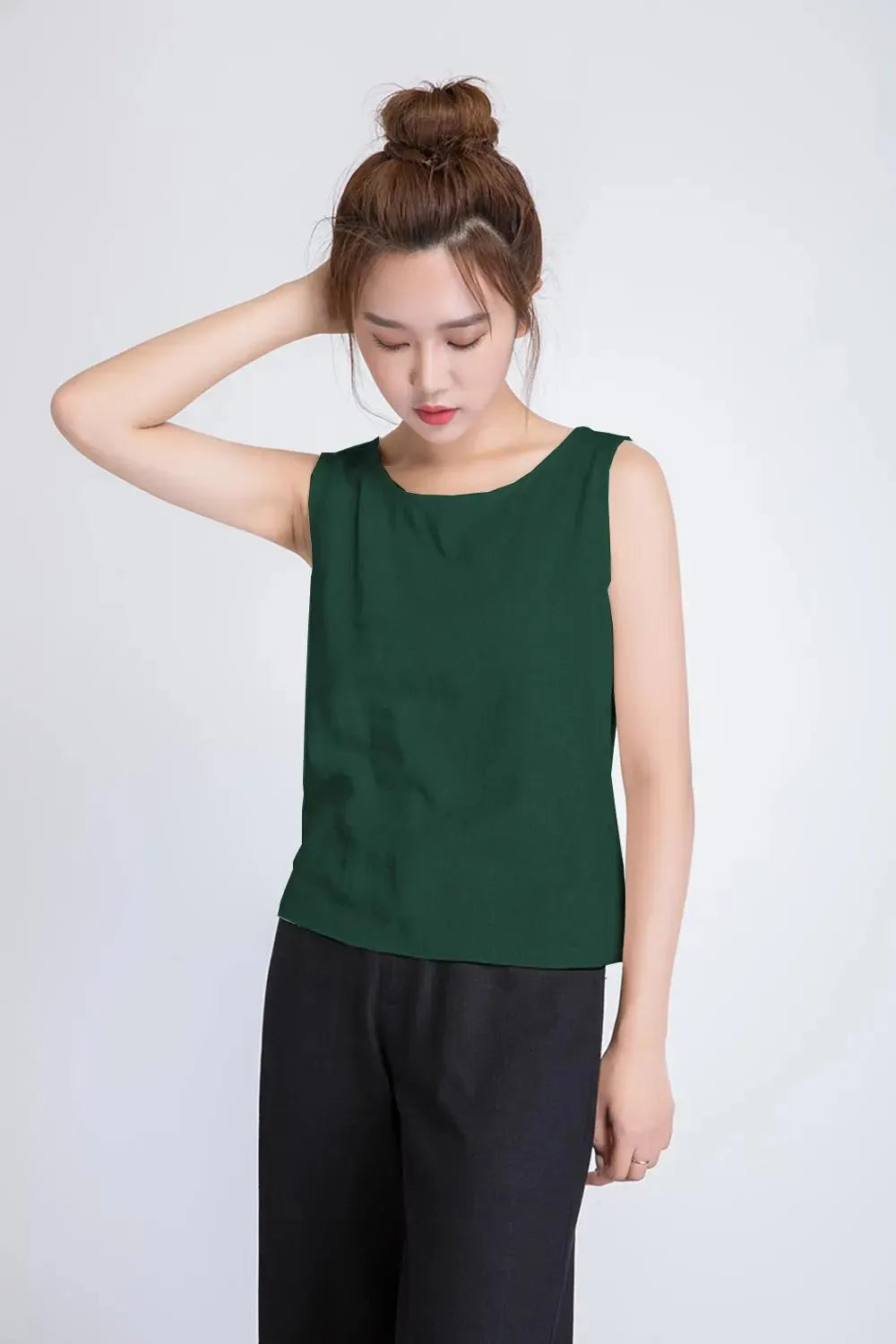Green Linen Tank Top for Women - Scoop Neck Relaxed Fit 5884