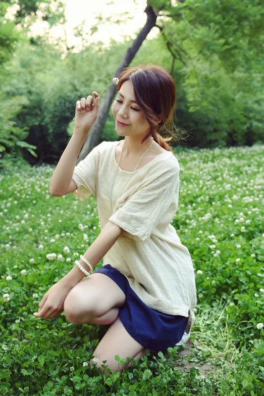 Linen Tunic Top - Round Neck Half Sleeve Longline 
