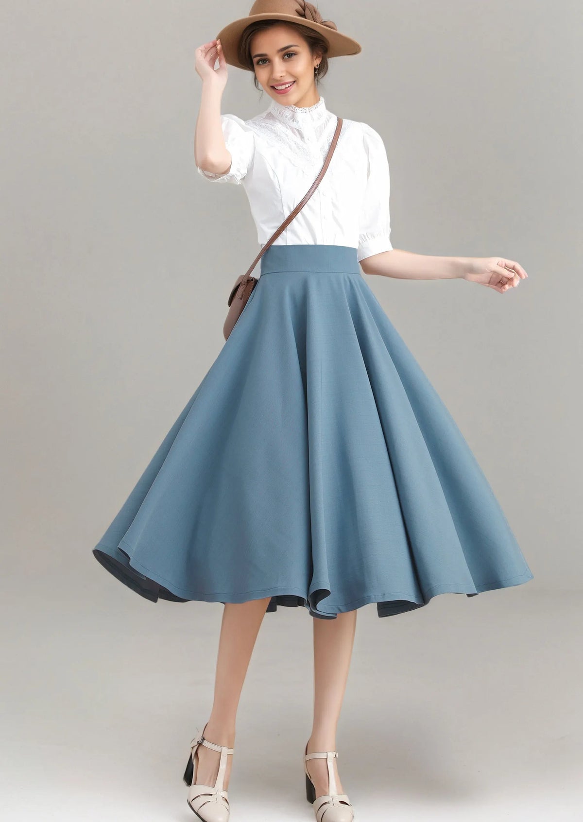Blue Linen Blend Full Circle Midi Skirt - High-Waisted Flared Silhouette 3275