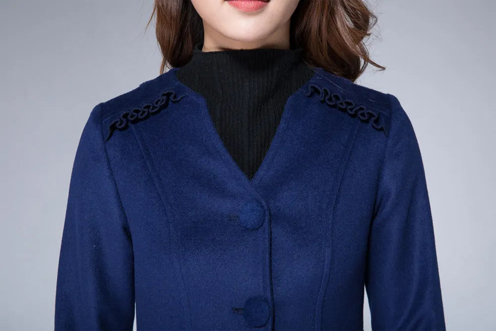 Navy Wool Coat – Handmade Vintage Maxi Winter Coat with Ruffle Trim 