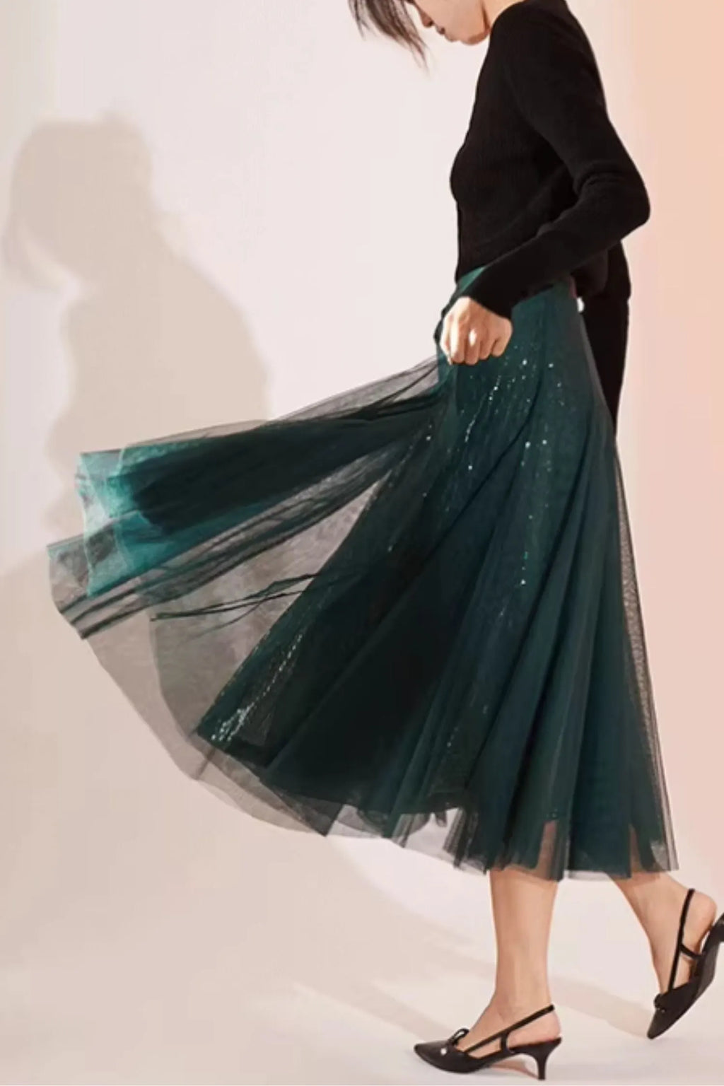 Black Wool A-Line Midi Lace Skirt - Elegant Elastic Waist 5585