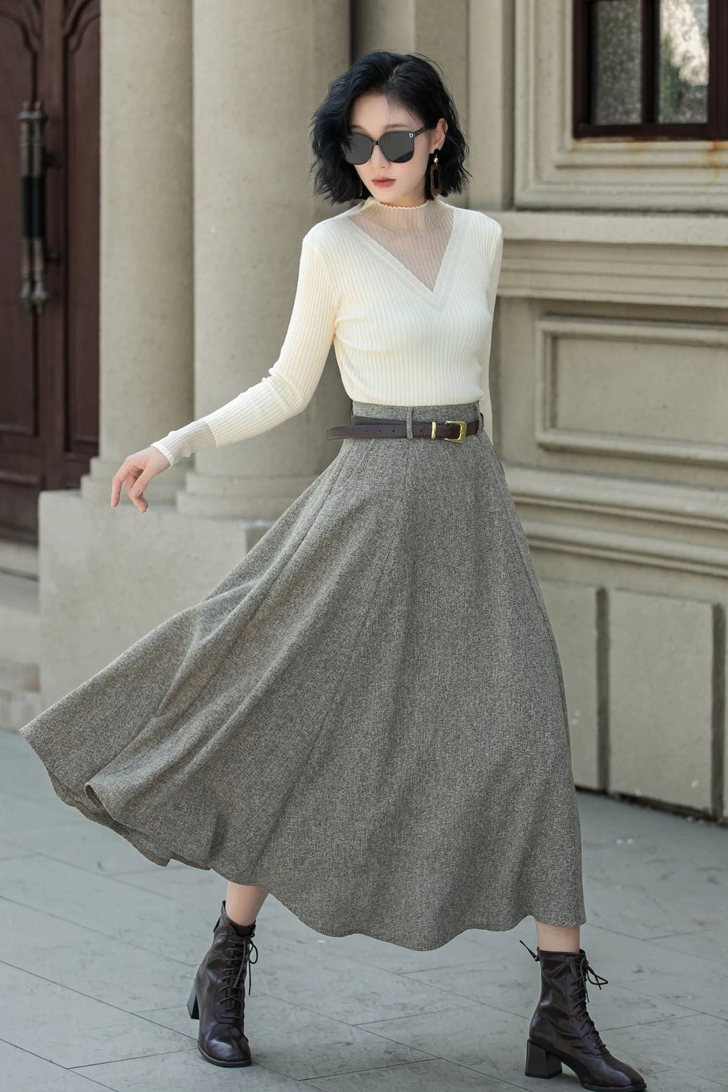 Gray Wool A-Line Midi Skirt - High Waist with Pockets 5313