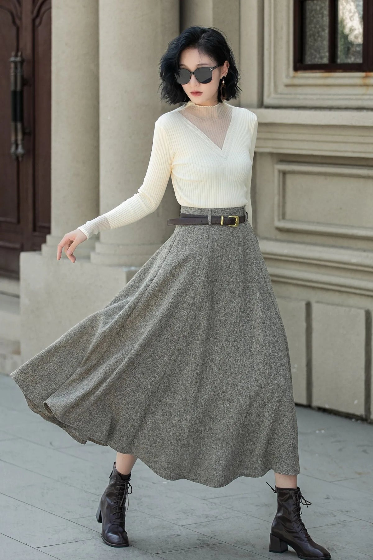 Gray Wool A-Line Midi Skirt - High Waist with Pockets 5313