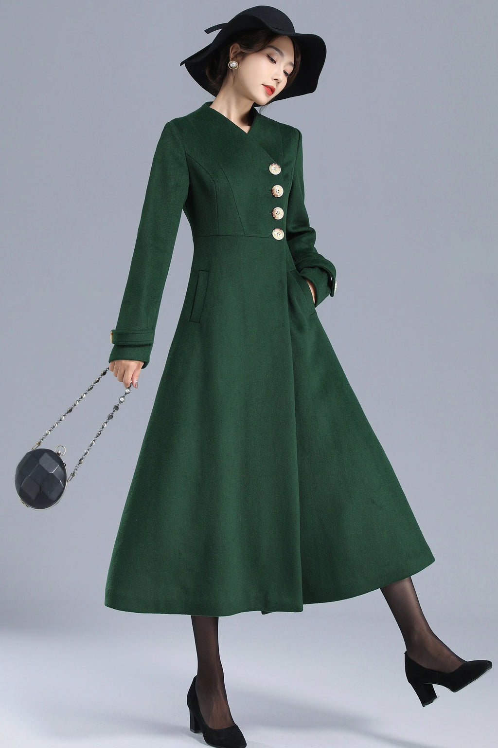 Emerald Green Wool Blend Trench Coat - Fit and Flare Silhouette 3207
