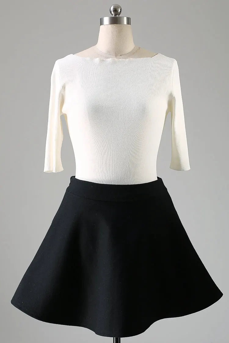 Black Wool Blend Mini Skirt - High Waisted A-Line Pleated 1101