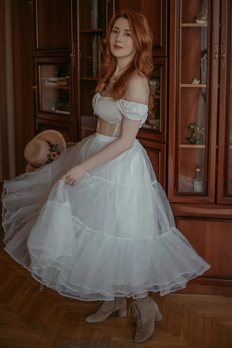White Petticoat Skirt – Layered Tulle Underskirt for Vintage Dresses 3398