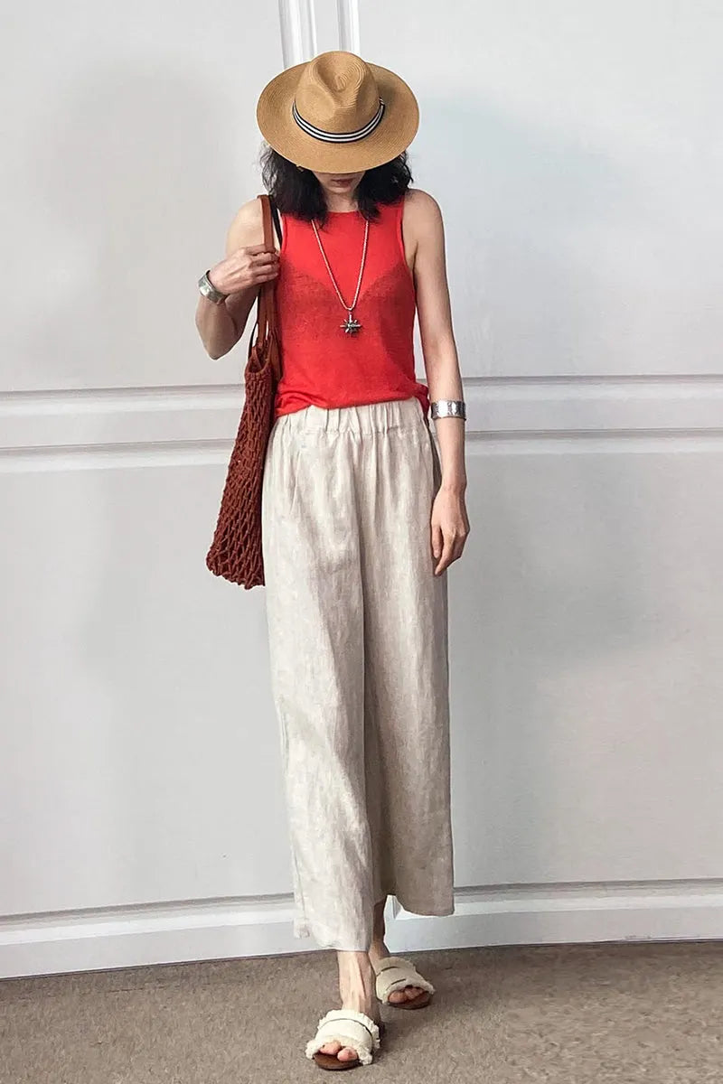 Beige Cotton Linen Wide Leg Pants - Loose Fit with Elastic Waist 3496