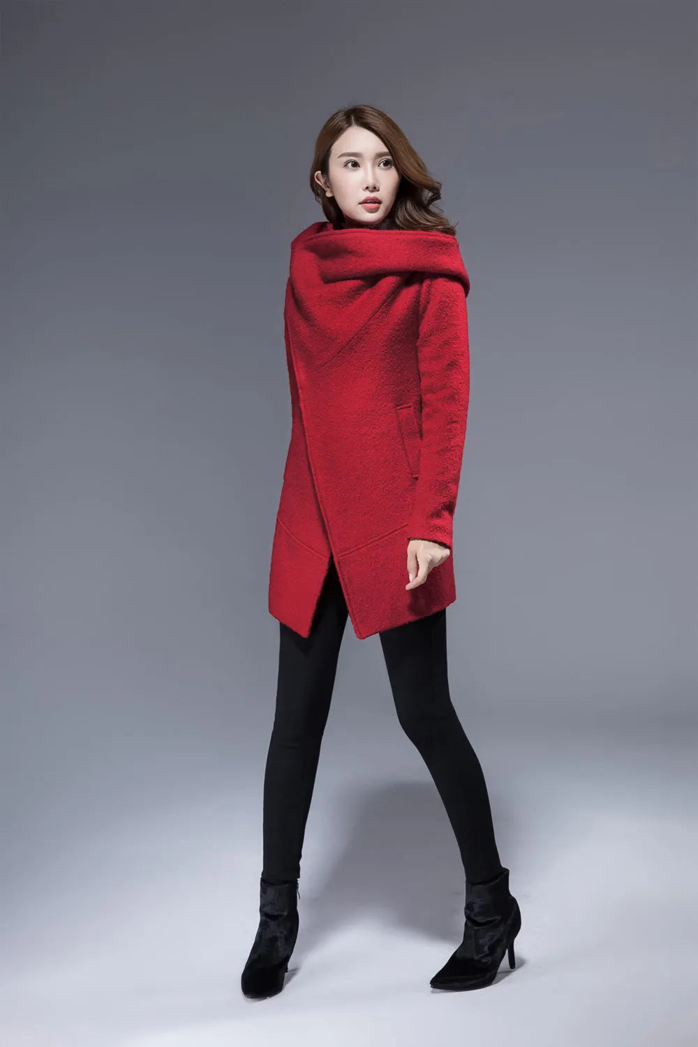 Red Wool Biker Jacket - Short Coat with Oversized Cowl Neck and Hood 1829
