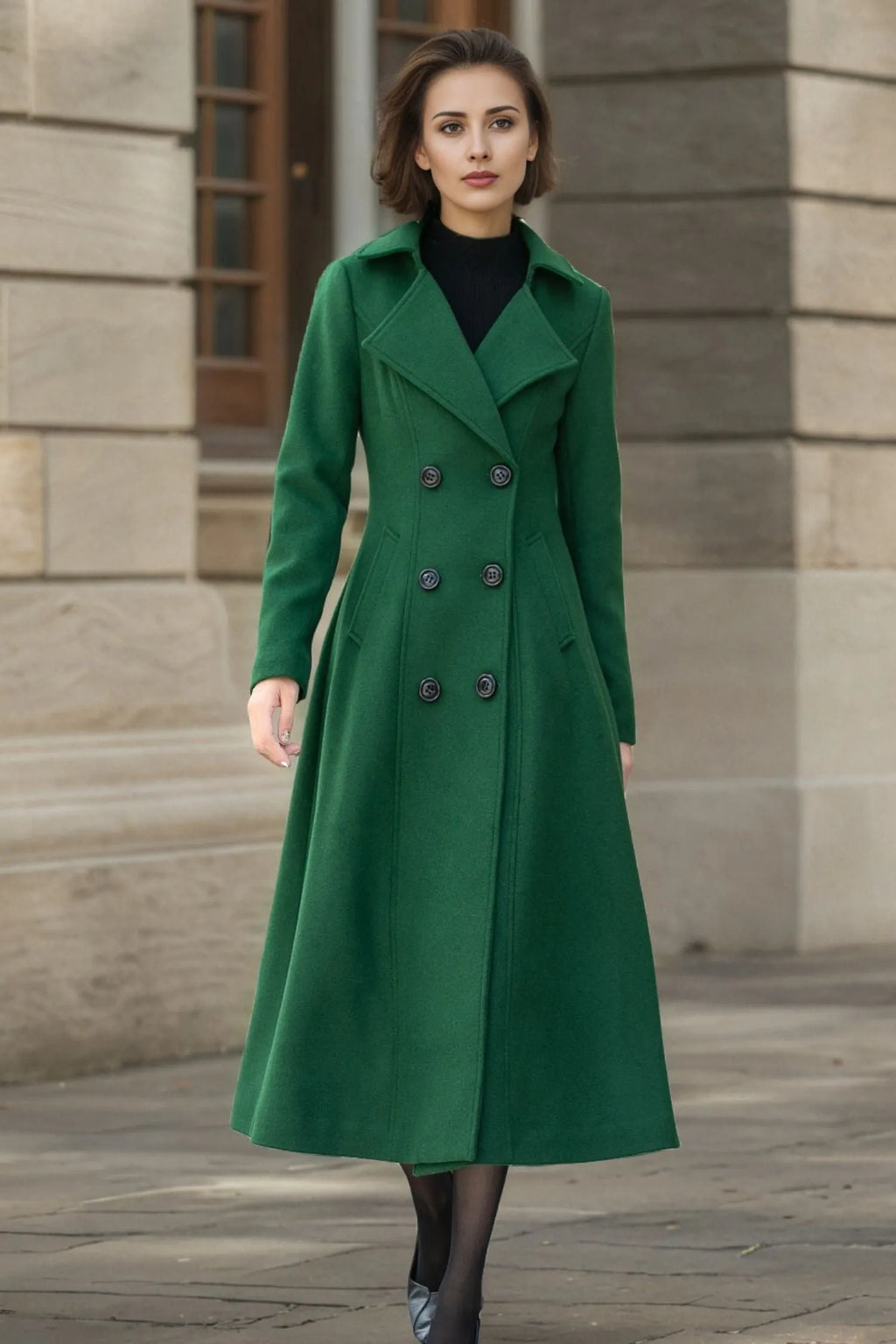 Double Breasted Wool Coat – Elegant Green Winter Overcoat for Women 6298