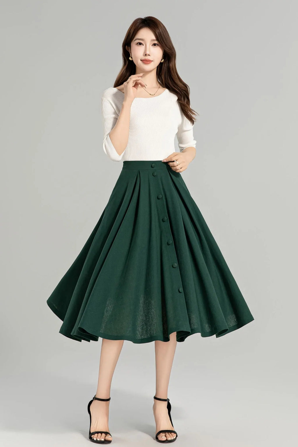 Dark Green Linen-Cotton Midi Skirt - A-Line Silhouette, Button-Down Detail 4963