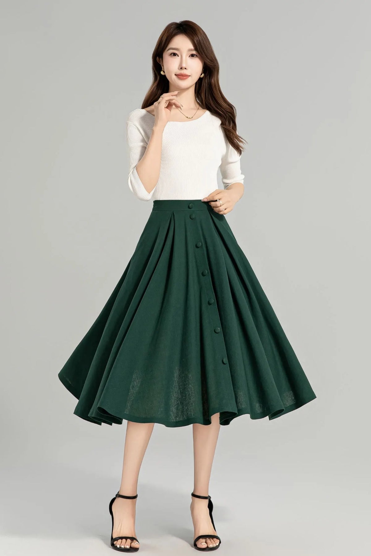 Dark Green Linen-Cotton Midi Skirt - A-Line Silhouette, Button-Down Detail 4963