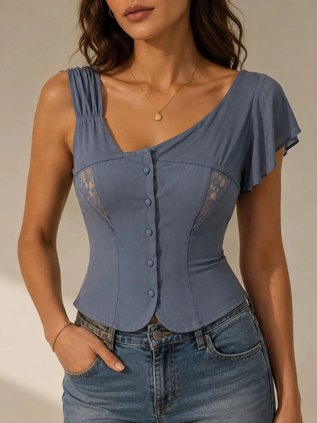 Steel Blue Asymmetric One-Shoulder Lace Corset Top