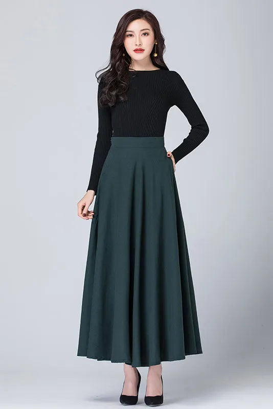 Dark Green Linen A-Line Maxi Skirt - High Waist with Side Pockets 4114