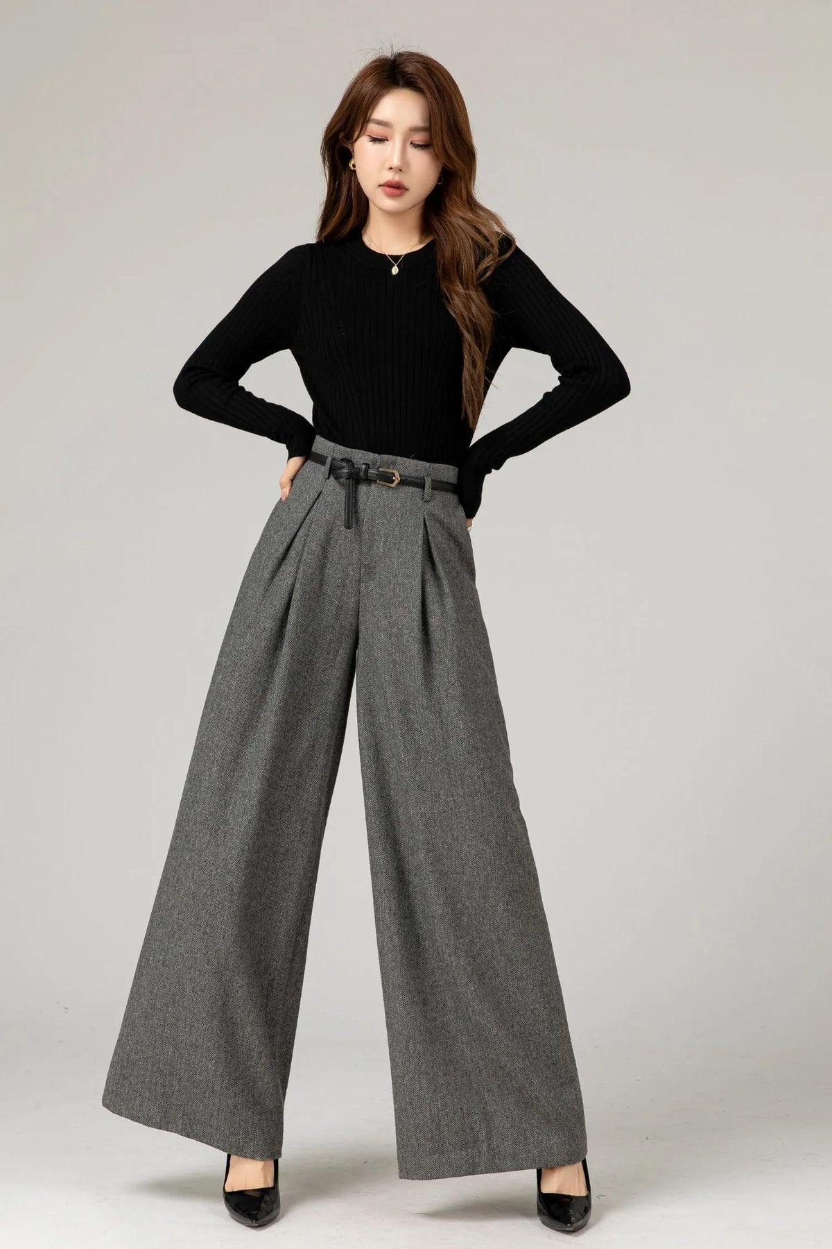 Gray Wool Wide-Leg Pants - High Waist Fitted 