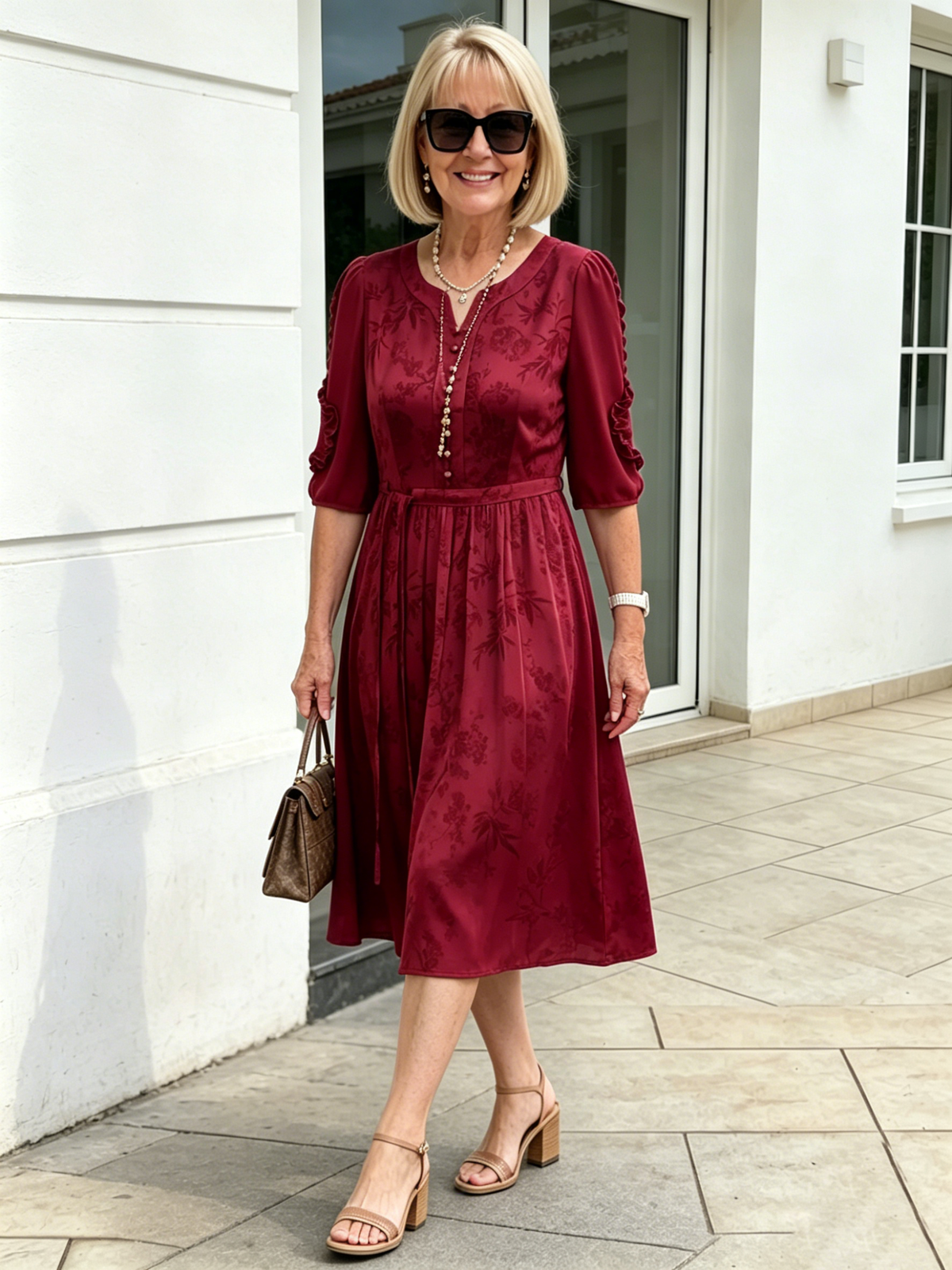 Coffee Brown Floral Print Midi Dress, Split Neck Button Front Ruffle 3/4 Sleeve Tie Waist Slimming Dress for Mature Wome