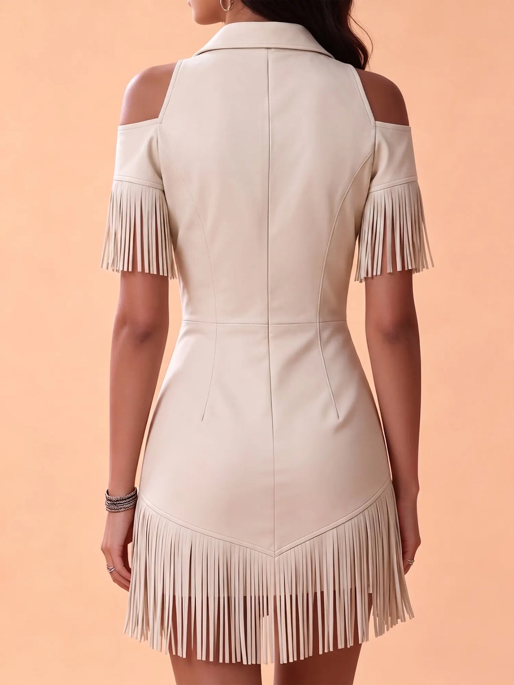 Western Dress — Ivory Cream Feather Embroidered Fringe Suede Dress Mini Dress