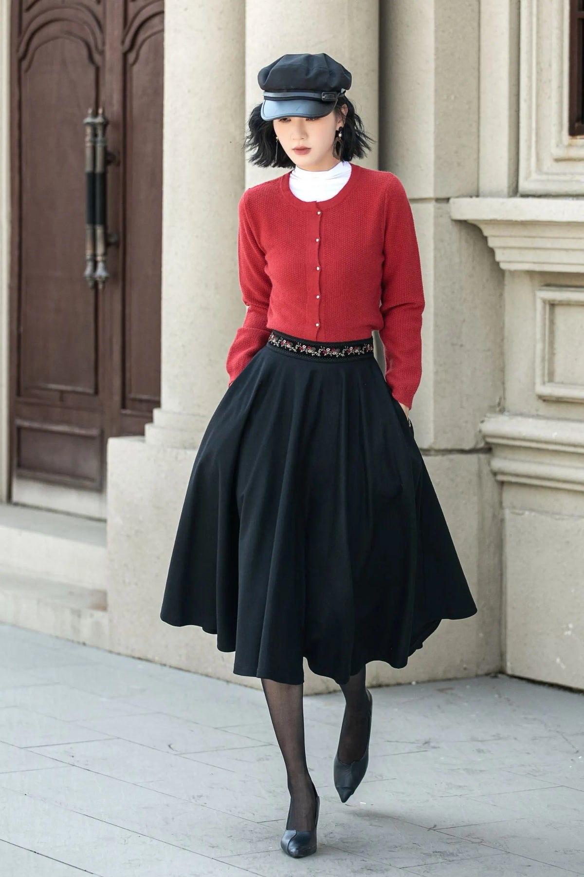 Black Wool Midi Skirt - Embroidered Waist A-Line Circle Skirt 5310